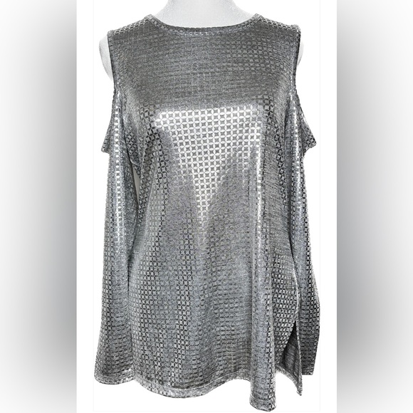 NWT - MICHAEL Michael Kors Metallic Cold-Shoulder Long Sleeve Top Size Medium - Picture 3 of 9